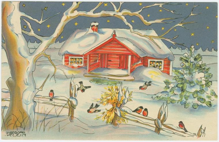 winter scene with red house and snow