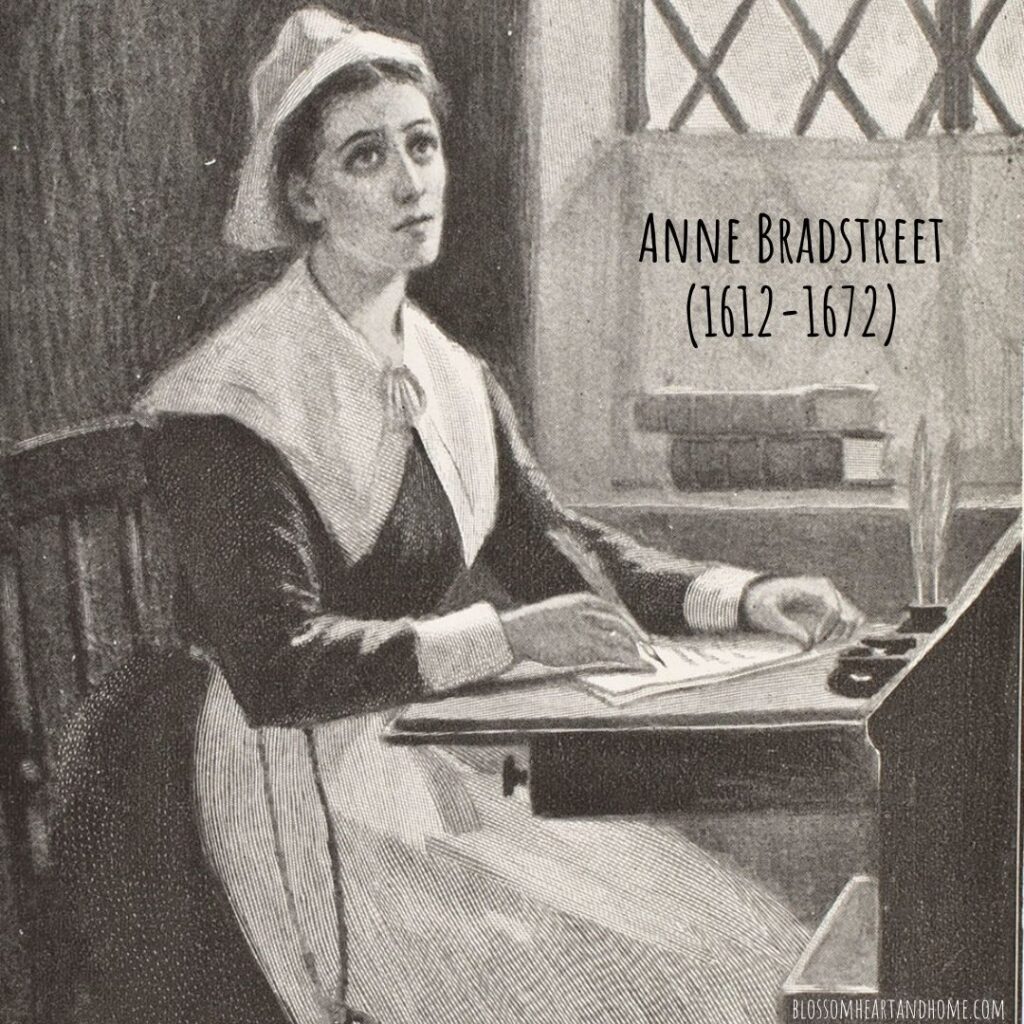 Poet Anne Bradstreet at desk